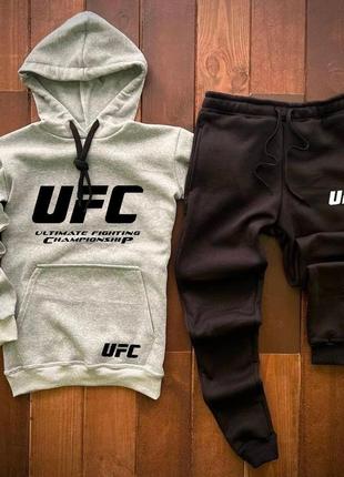 Чоловічий зимовий спортивний костюм ufc сірий із чорним  ⁇  утеплений комплект юфс худі та штани на флісі (bon)