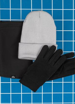 Чоловічий зимовий комплект 3в1 шапка бафф і рукавички сірий із чорним (bon)