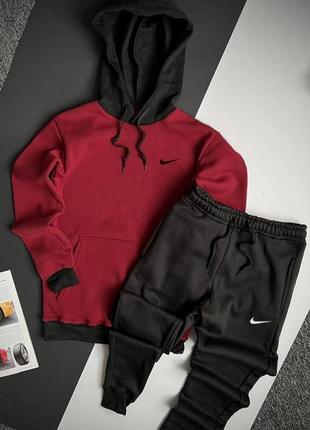 Мужской зимний спортивный костюм nike бордовый с черным | утепленный комплект найк худи и штаны (bon)