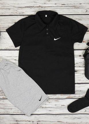 Чоловічий літній костюм nike поло + шорти + кепка + барсетка + шкарпетка + шкарпетки комплект 5в1 найк чорний із сірим (bon)