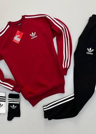 Мужской утепленный спортивный костюм adidas красный без капюшона | комплект зимний адидас свитшот и штаны