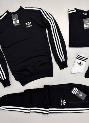 Чоловічий спортивний костюм adidas + футболка без капюшона з лампасами адідас чорний з білим (bon)2 фото