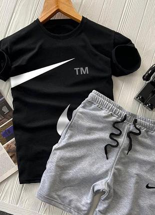 Чоловічий літній костюм футболка + шорти nike big swoosh чорний із сірим комплектом найк (bon)
