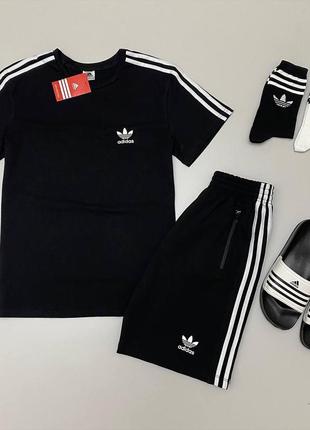 Чоловічий літній костюм adidas футболка + шорти + шльопанці + шльопанці + шкарпетки комплект адідас на літо чорний (bon)