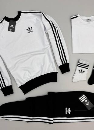 Чоловічий спортивний костюм adidas + футболка без капюшона з лампасами адідас білий із чорним (bon)