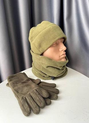 Мужской комплект 3в1 шапка бафф и перчатки флисовый хаки зимний для военных зсу армейский (bon)8 фото