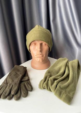 Мужской комплект 3в1 шапка бафф и перчатки флисовый хаки зимний для военных зсу армейский (bon)9 фото