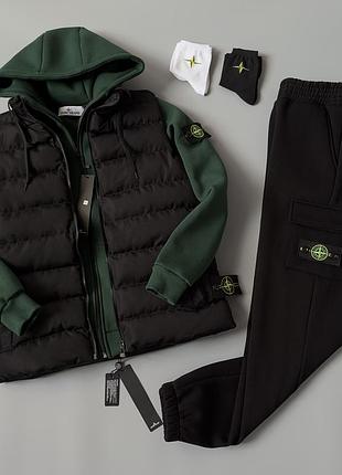 Мужской зимний спортивный костюм stone island + жилетка + носки стон айленд черный с хаки на флисе (bon)