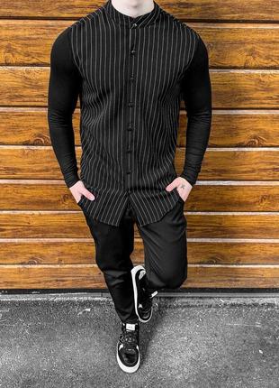Мужской классический костюм рубашка + брюки черный повседневный в полоску весенний осенний (bon)2 фото