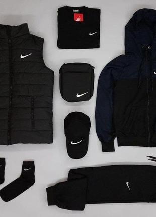 Чоловічий спортивний костюм nike чорний із синім найк жилетка + футболка + месенджер + кепка + шкарпетки (bon)