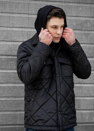 Мужская куртка стеганая весенняя осенняя черная на кнопках бомбер | ветровка без капюшона демисезонная (bon)2 фото