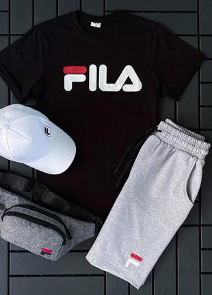 Чоловічий літній костюм fila футболка + шорти + кепка + барсетка чорний із сірим комплектом філа (bon)