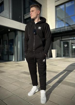 Мужской зимний спортивный костюм adidas на молнии черный | комплект толстовка и штаны адидас (bon)