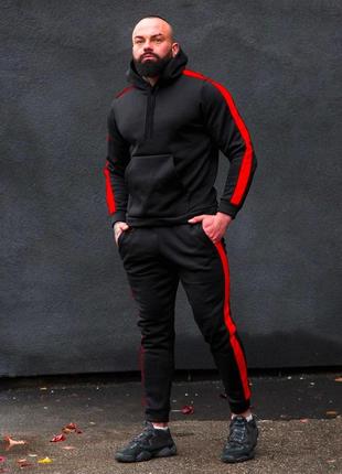 Чоловічий зимовий спортивний костюм чорний із червоним із лампасами asos  ⁇  комплект худі та штани на флісі (bon)1 фото
