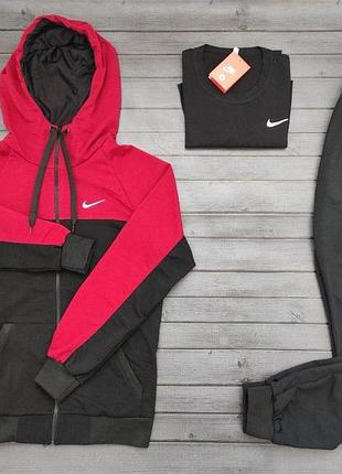 Чоловічий спортивний костюм nike чорний із червоним із капюшоном на блискавці весняний осінній + футболка найк (bon)
