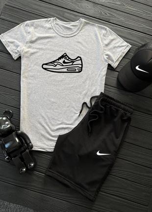 Чоловічий літній костюм nike футболка + шорти сірий із чорним комплектом найк на літо (bon)