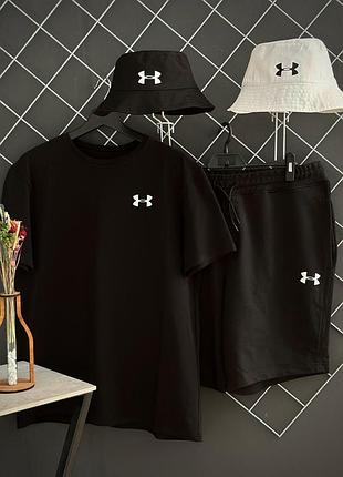 Чоловічий літній костюм 3в1 under armour футболка + шорти + панамка чорний комплект андер армор на літо (bon)
