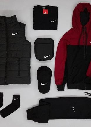 Чоловічий спортивний костюм nike чорний з червоним найк жилетка + футболка + месенджер + кепка + шкарпетки (bon)
