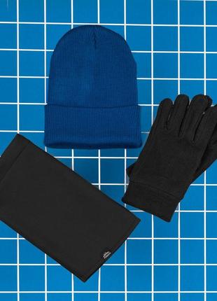 Чоловічий зимовий комплект 3в1 шапка бафф і рукавички синій із чорним (bon)