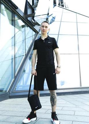 Мужской летний костюм nike футболка поло + шорты + барсетка в подарок черный комплект найк (bon)2 фото