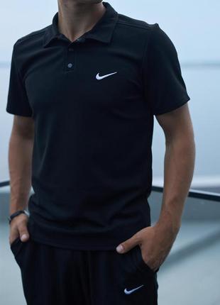 Мужской летний костюм nike футболка поло + шорты + барсетка в подарок черный комплект найк (bon)10 фото