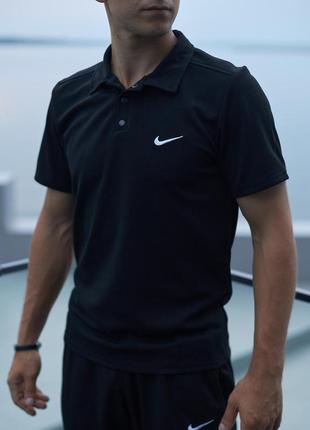 Мужской летний костюм nike футболка поло + шорты + барсетка в подарок черный комплект найк (bon)9 фото