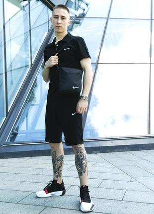 Чоловічий літній костюм nike футболка поло + шорти + барсетка в подарунок чорний комплект найк (bon)