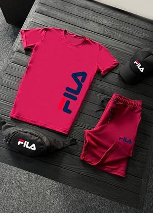 Чоловічий літній костюм fila футболка + шорти + кепка + барсетка в подарунок червоний комплект філа (bon)