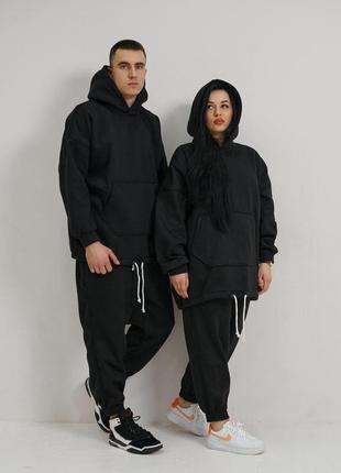 Парний спортивний костюм на флісі оверсайз чорний  ⁇  комплект family look худі та штани жіночий і чоловічий (bon)