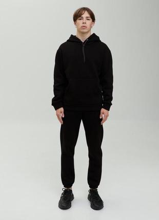 Чоловічий зимовий спортивний костюм чорний базовий з капюшоном | комплект худі та штани на флісі (bon)