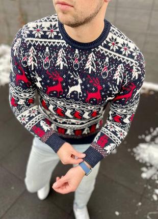 Мужской новогодний свитер с оленями синий без горла шерстяной (bon)
