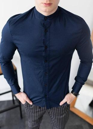 Мужская темно-синяя класическая однотонная базовая рубашка   (bon)2 фото
