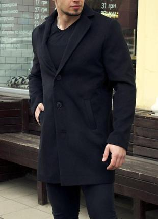 Мужское длинное пальто кашемировое двубортное черное приталенное весеннее (bon)1 фото