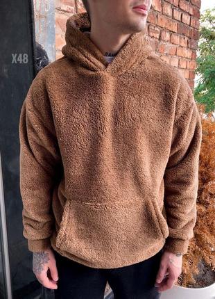 Чоловіча худі толстовка плюшева кенгуру стильна з капюшоном з начосом утеплена темно-коричнева (bon)