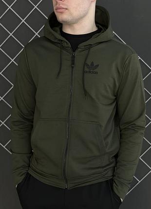Чоловіча толстовка adidas хакі на блискавці з капюшоном однотонна весняна осінна адідас (bon)