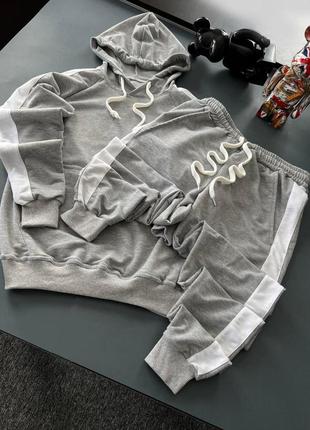 Мужской спортивный костюм серый с хаки с лампасами весенний осенний с капюшоном комплект худи и штаны (bon)10 фото
