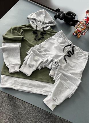 Мужской спортивный костюм серый с хаки с лампасами весенний осенний с капюшоном комплект худи и штаны (bon)1 фото