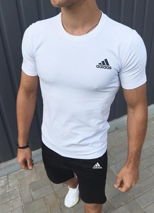 Чоловічий літній костюм adidas футболка + шорти + барсетка в подарунок білий із чорним комплект адідас (bon)8 фото