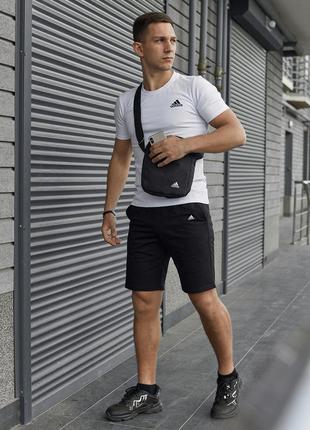 Чоловічий літній костюм adidas футболка + шорти + барсетка в подарунок білий із чорним комплект адідас (bon)4 фото