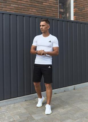 Чоловічий літній костюм adidas футболка + шорти + барсетка в подарунок білий із чорним комплект адідас (bon)7 фото