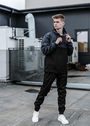 Чоловічий спортивний костюм nike анорак + штани + барсетка чорний із сірим із плащової тканини найк весняний (bon)