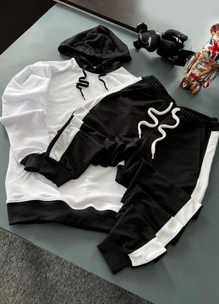 Мужской спортивный костюм черный с лампасами весенний осенний с капюшоном комплект худи и штаны (bon)6 фото