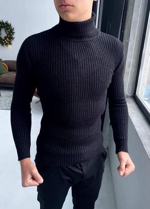 Мужской классический зимний свитер шерстяной в рубчик черный утепленный под горло (bon)4 фото