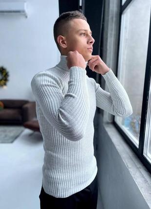 Мужской классический зимний свитер шерстяной в рубчик серый утепленный под горло (bon)3 фото
