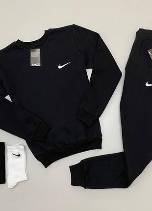 Мужской зимний спортивный костюм nike черный без капюшона | утепленный комплект найк свитшот и штаны (bon)