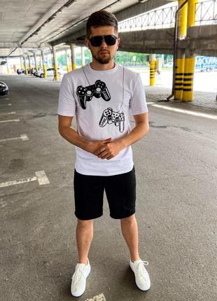 Мужской летний костюм футболка + шорты белый с черным джойстик | мужской спортивный комплект на лето (bon)5 фото