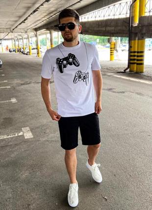 Мужской летний костюм футболка + шорты белый с черным джойстик | мужской спортивный комплект на лето (bon)4 фото