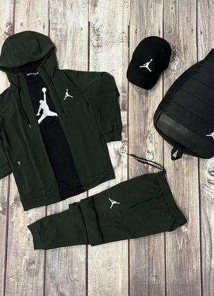 Чоловічий спортивний костюм jordan костюм + футболка + рюкзак + кепка хакі на блискавці весняний джордан (bon)