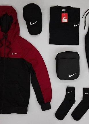 Чоловічий спортивний костюм nike чорний із червоною веснянкою найк мессенджер + футболка + кепка + шкарпетки (bon)