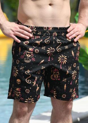 Чоловічі пляжні шорти чорні короткі, яскраві з принтом totem літні плавальні шорти із сіткою (bon)1 фото